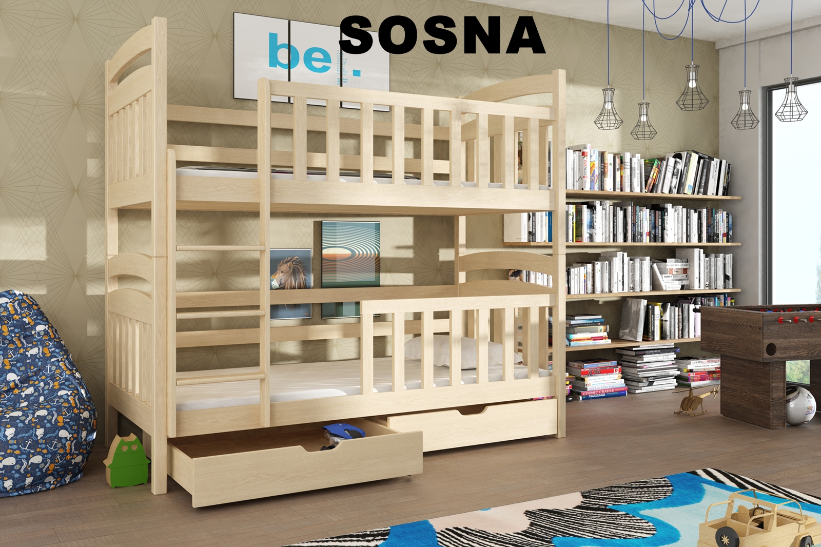 Poschodová post Sebus 200x90 cm s úložným priestorom borovica masív