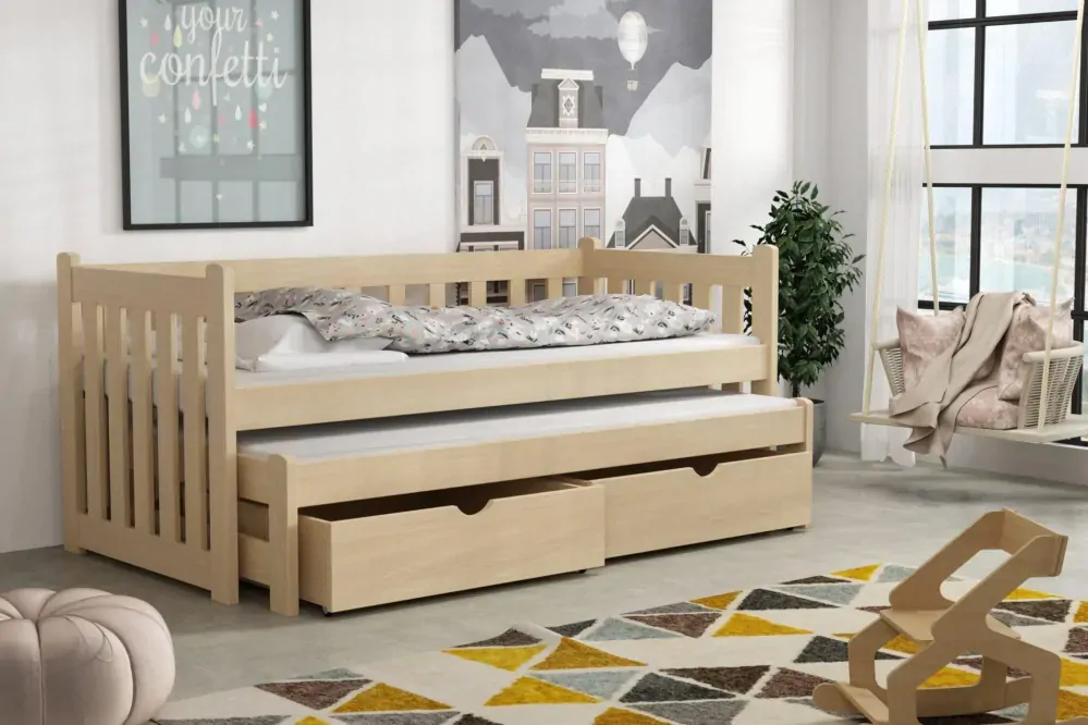 Posteľ s výsuvnou prístelkou KRZY 02 90x190 cm borovica masív s úložným priestorom