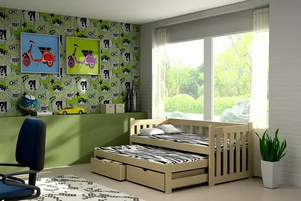 Posteľ s výsuvnou prístelkou MASIV 02 90x200 cm borovica masív s úložným priestorom