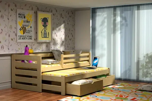 Posteľ s výsuvnou prístelkou MASIV 07 90x200 cm borovica masív s úložným priestorom