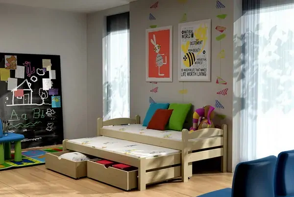 Posteľ s výsuvnou prístelkou MASIV 10 90x200 cm borovica masív s úložným priestorom