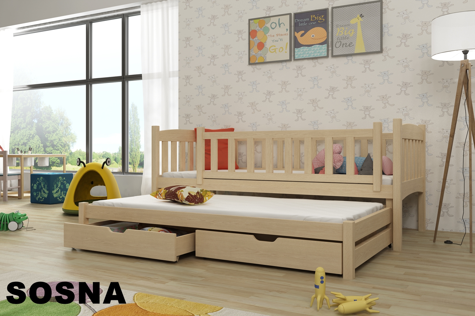 Drevená posteľ AMÁLKA 200x90cm s výsuvným lôžkom a úložným priestorom borovica 