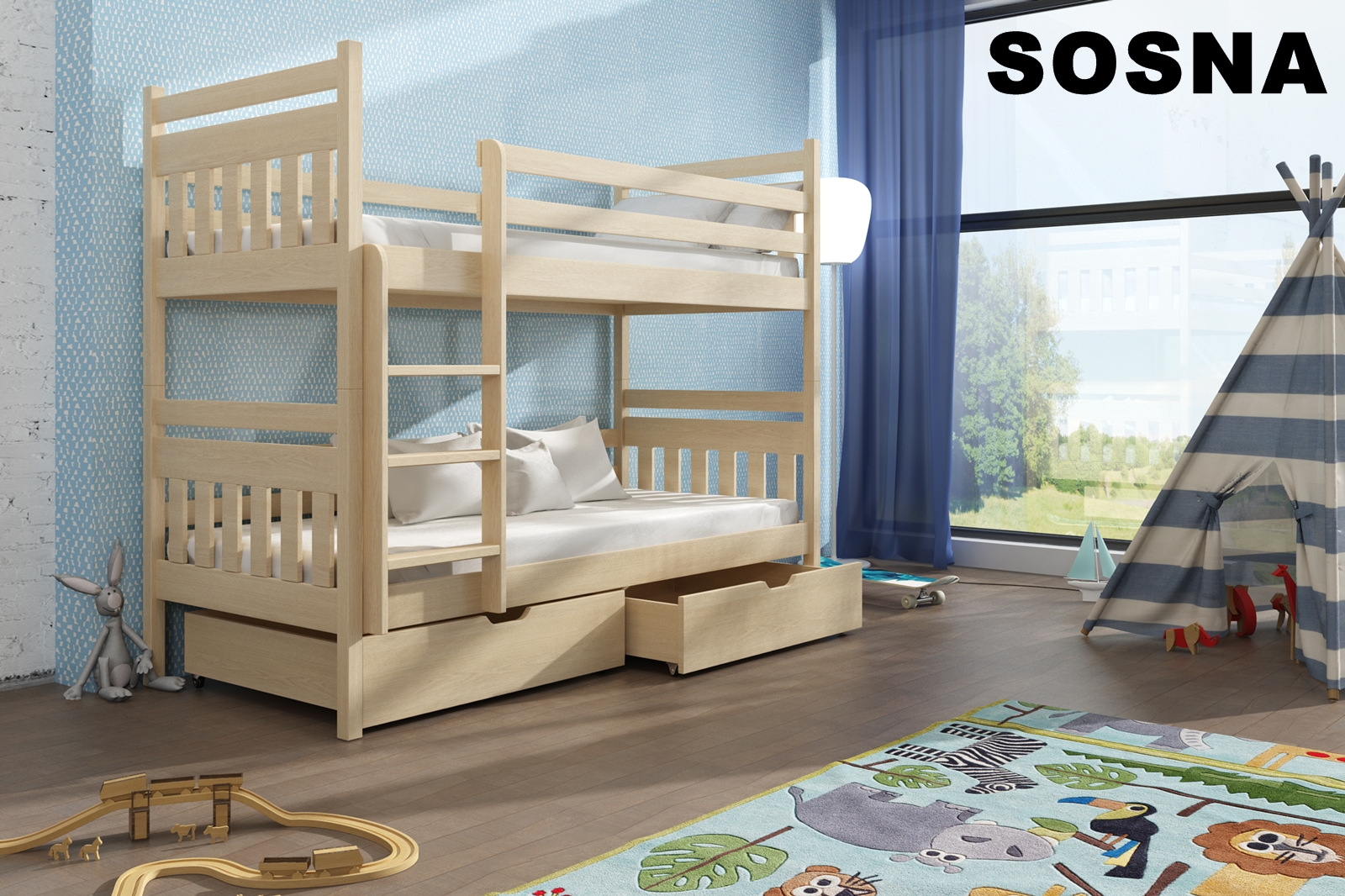 Drevená poschodová posteľ Adam 200x90 cm  borovice masiv