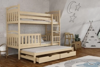 Poschodová posteľ s výsuvnou prístelkou KONRAD 01 90x200 cm borovica masív s úložným priestorom